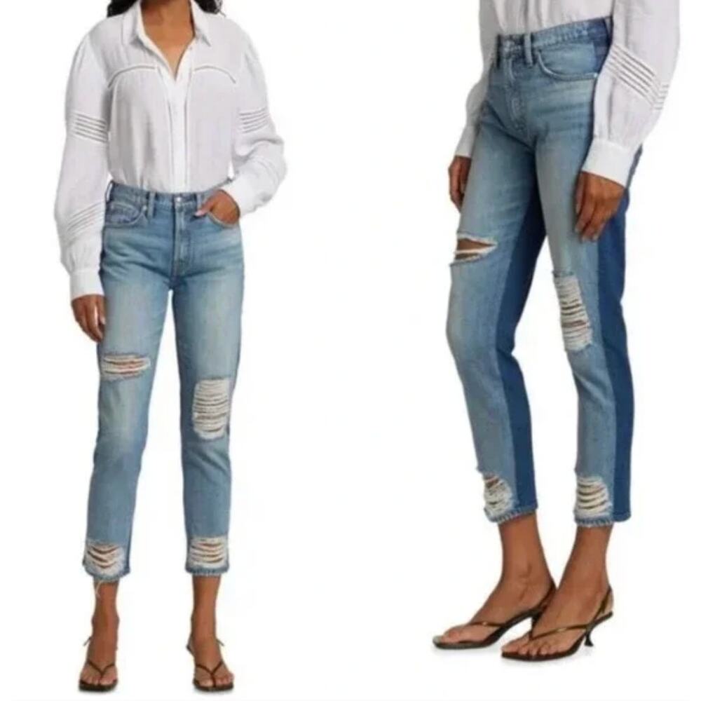 7 For All Mankind Two Tone Straight Leg Jeans Womens 26 Seaward Blue Distressed